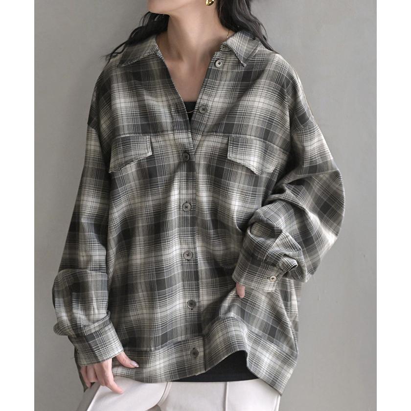 シャケット シャツ ジャケット チェックシャツ レディース トップス ロング ロングシャツ アウター チュニック 長袖 チェック 柄 羽織 ライトアウター | HUG.U | 09