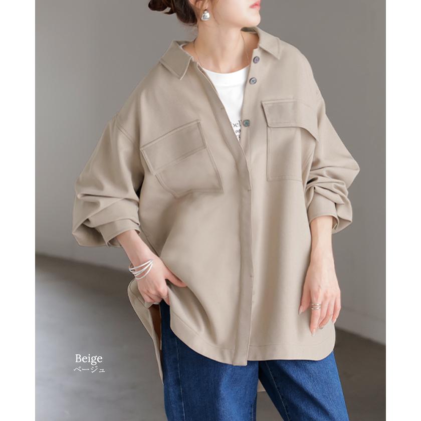 シャツ ジャケット イージーケア ウールライク レディース トップス アウター 洗濯機 可 シワになりにくい ロング ロングシャツ チュニック 長袖 無地 羽織 | HUG.U | 17