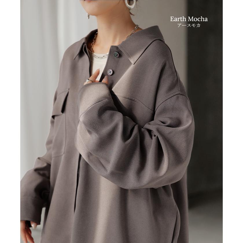 シャツ ジャケット イージーケア ウールライク レディース トップス アウター 洗濯機 可 シワになりにくい ロング ロングシャツ チュニック 長袖 無地 羽織 | HUG.U | 18