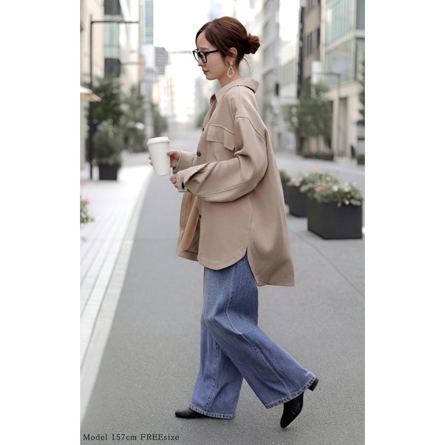 シャツ ジャケット イージーケア ウールライク レディース トップス アウター 洗濯機 可 シワになりにくい ロング ロングシャツ チュニック 長袖 無地 羽織 | HUG.U | 06