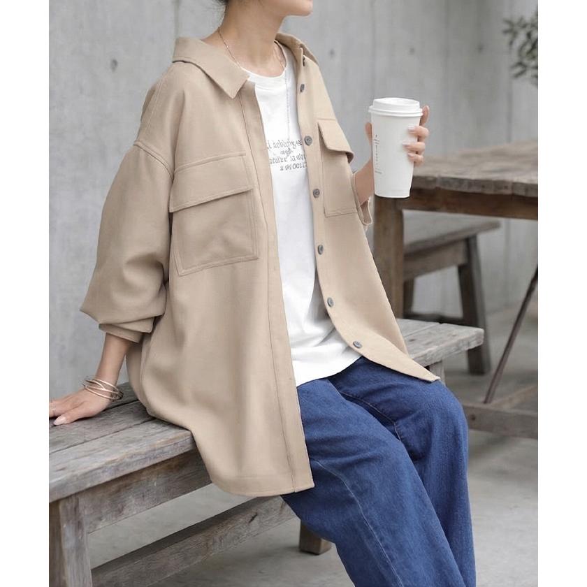 シャツ ジャケット イージーケア ウールライク レディース トップス アウター 洗濯機 可 シワになりにくい ロング ロングシャツ チュニック 長袖 無地 羽織 | HUG.U | 11