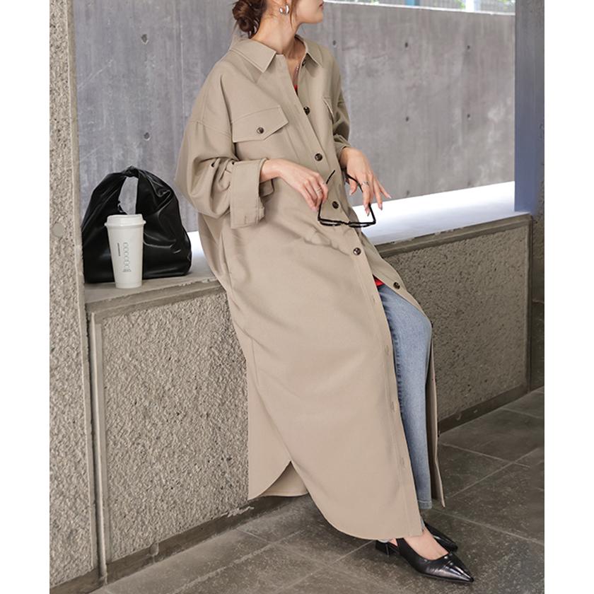 ワンピース シャツ 長袖 イージーケア ウール 風 シャツワンピース シャツワンピ レディース シワになりにくい ロング ロングワンピース Aライン | HUG.U | 11