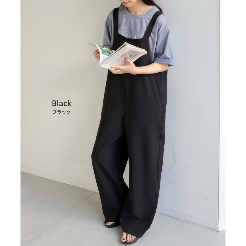 サロペット ウールライク イージーケア ロング レディース サロペ 洗濯機 可 パンツ シワになりにくい ストレッチ ノースリーブ ワイド オーバーオール | HUG.U | 22