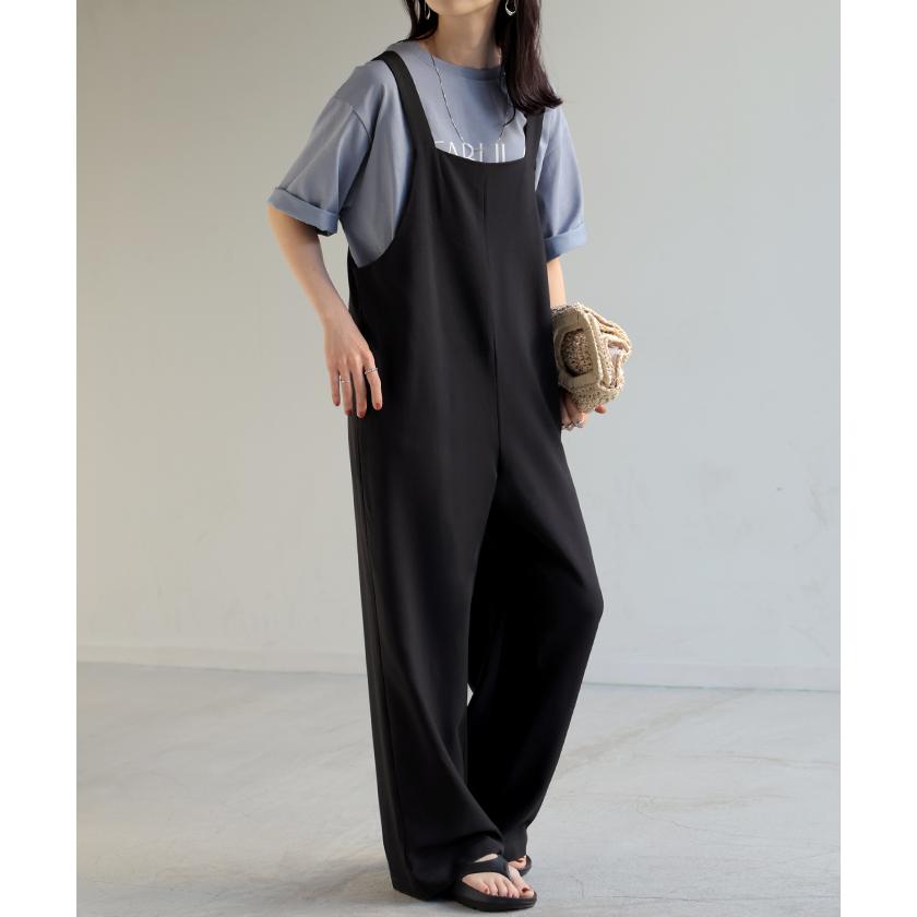 サロペット ウールライク イージーケア ロング レディース サロペ 洗濯機 可 パンツ シワになりにくい ストレッチ ノースリーブ ワイド オーバーオール | HUG.U | 08