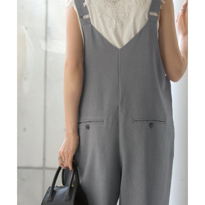 サロペット ウールライク イージーケア ロング レディース サロペ 洗濯機 可 パンツ シワになりにくい ストレッチ ノースリーブ ワイド オーバーオール | HUG.U | 10