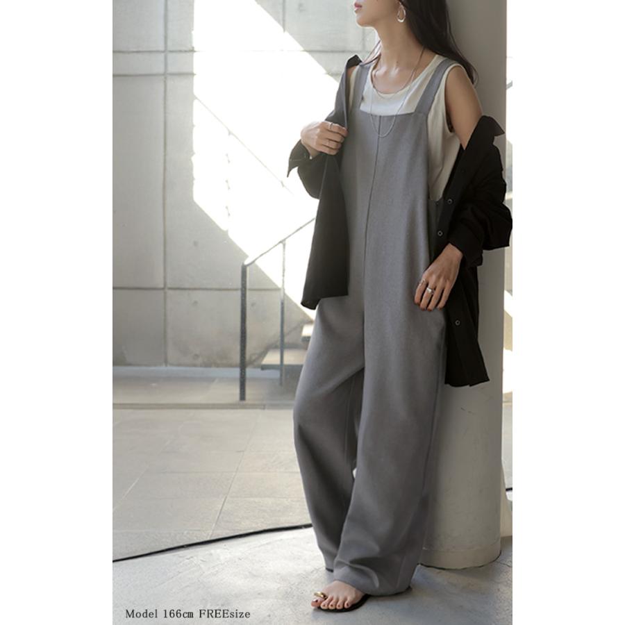 サロペット ウールライク イージーケア ロング レディース サロペ 洗濯機 可 パンツ シワになりにくい ストレッチ ノースリーブ ワイド オーバーオール | HUG.U | 12