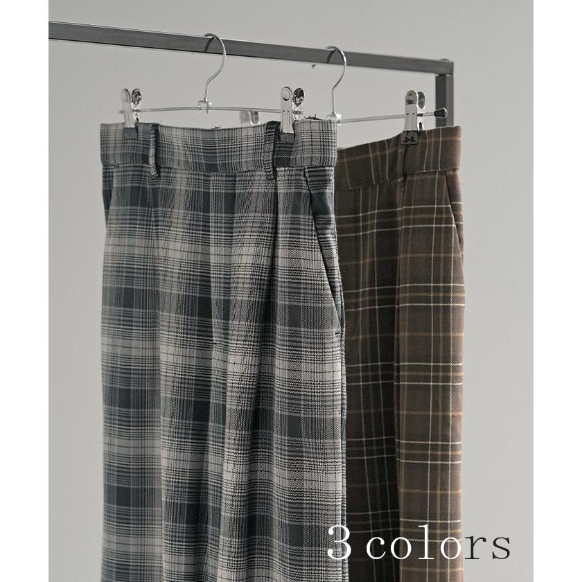 パンツ チェック 柄 洗える 選べる2丈 ワイド レディース ワイドパンツ ロング ロングパンツ ボトムス ボトム ストレート ハイウエスト ストレッチ ゆったり | HUG.U | 12