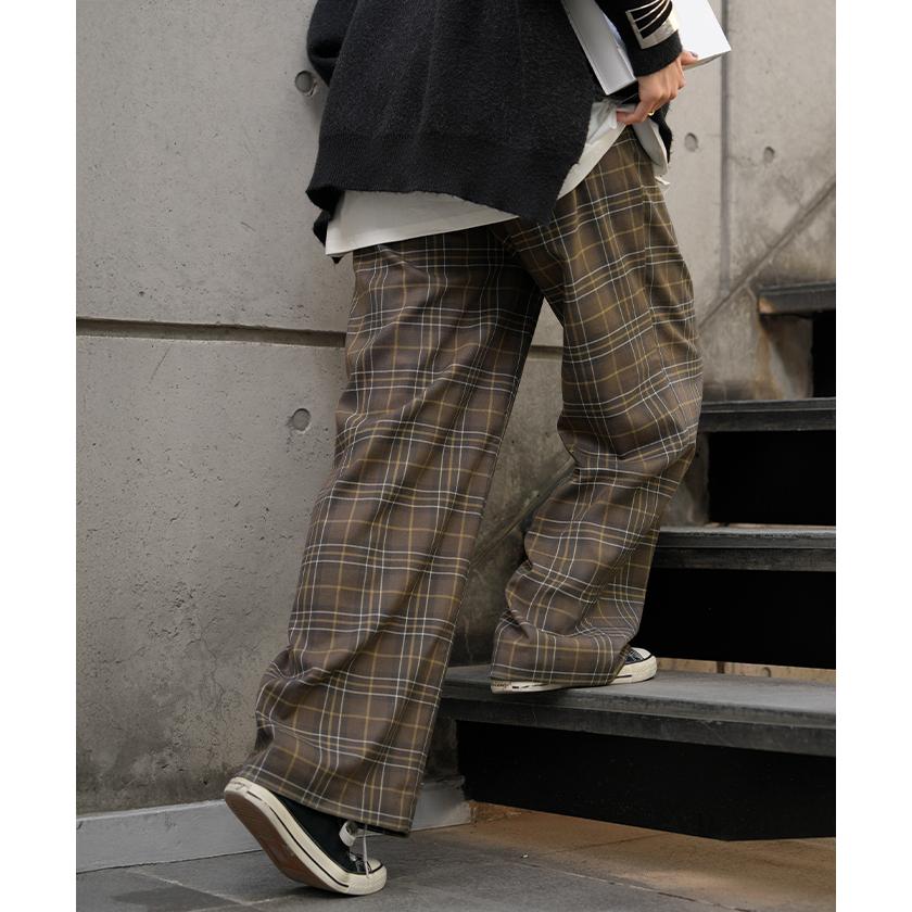 パンツ チェック 柄 洗える 選べる2丈 ワイド レディース ワイドパンツ ロング ロングパンツ ボトムス ボトム ストレート ハイウエスト ストレッチ ゆったり | HUG.U | 17