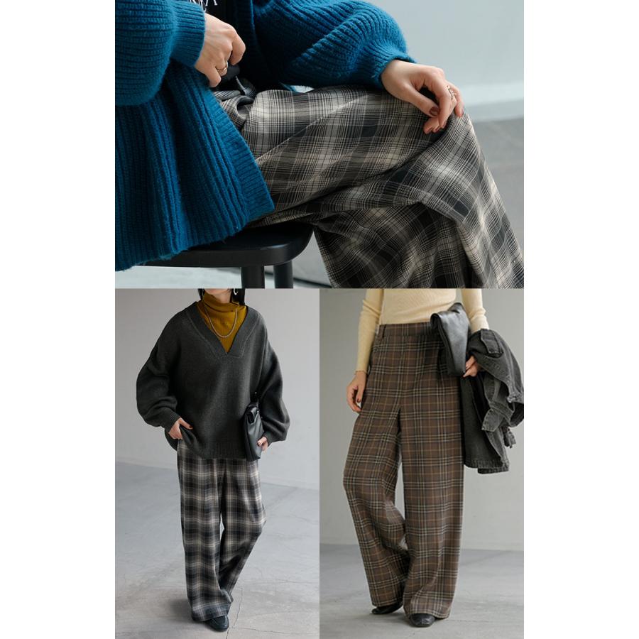 パンツ チェック 柄 洗える 選べる2丈 ワイド レディース ワイドパンツ ロング ロングパンツ ボトムス ボトム ストレート ハイウエスト ストレッチ ゆったり | HUG.U | 20