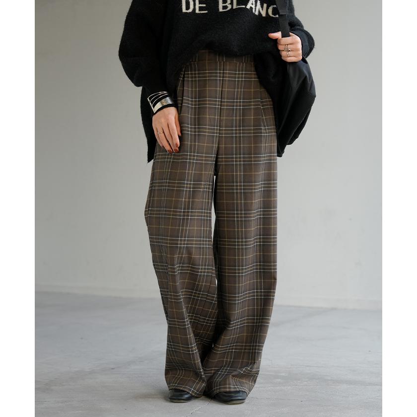 パンツ チェック 柄 洗える 選べる2丈 ワイド レディース ワイドパンツ ロング ロングパンツ ボトムス ボトム ストレート ハイウエスト ストレッチ ゆったり | HUG.U | 06