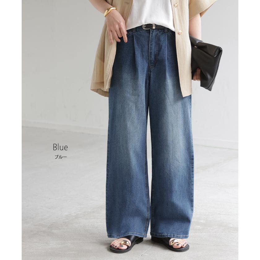 パンツ 新感覚デニム レディース ジーパン 選べる 2丈 タックパンツ ストレート ストレッチ ボトムス ボトム ズボン ロング 伸びる ウエストゴム ハイウエスト | HUG.U | 15