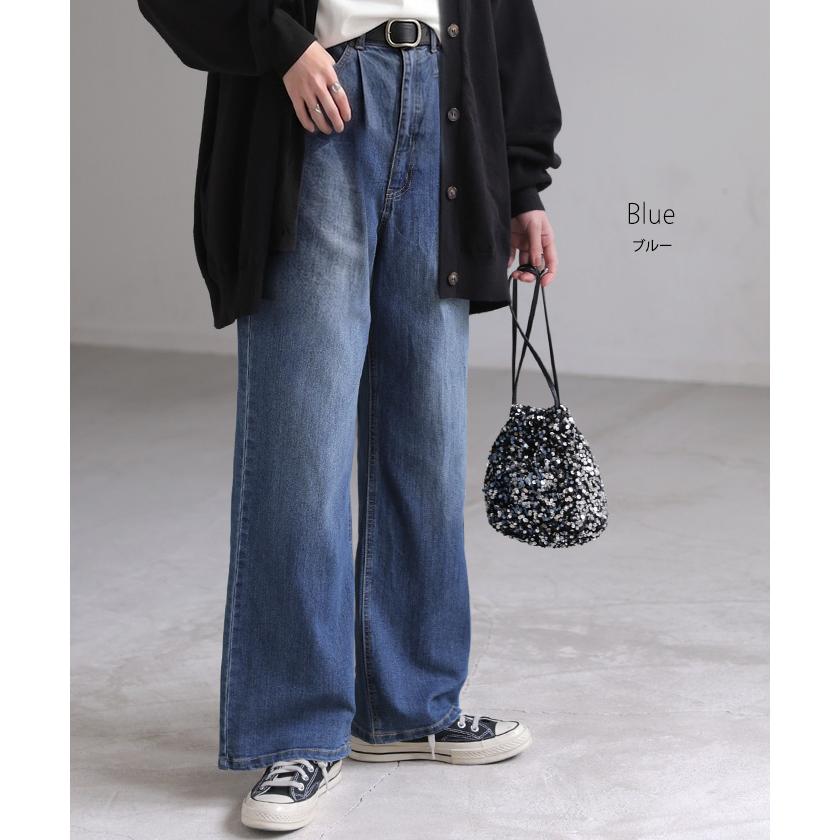 パンツ 新感覚デニム レディース ジーパン 選べる 2丈 タックパンツ ストレート ストレッチ ボトムス ボトム ズボン ロング 伸びる ウエストゴム ハイウエスト | HUG.U | 15