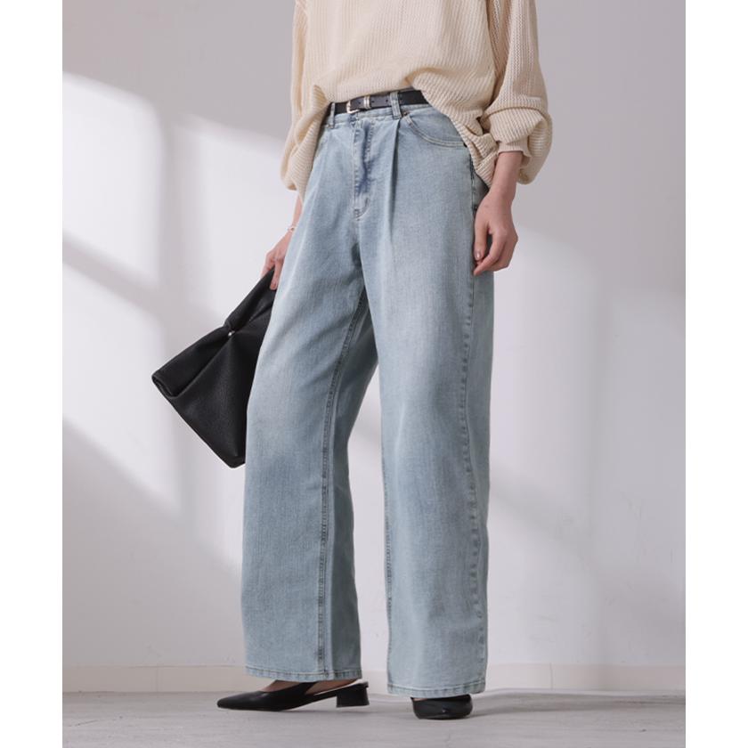 パンツ 新感覚デニム レディース ジーパン 選べる 2丈 タックパンツ ストレート ストレッチ ボトムス ボトム ズボン ロング 伸びる ウエストゴム ハイウエスト | HUG.U | 06