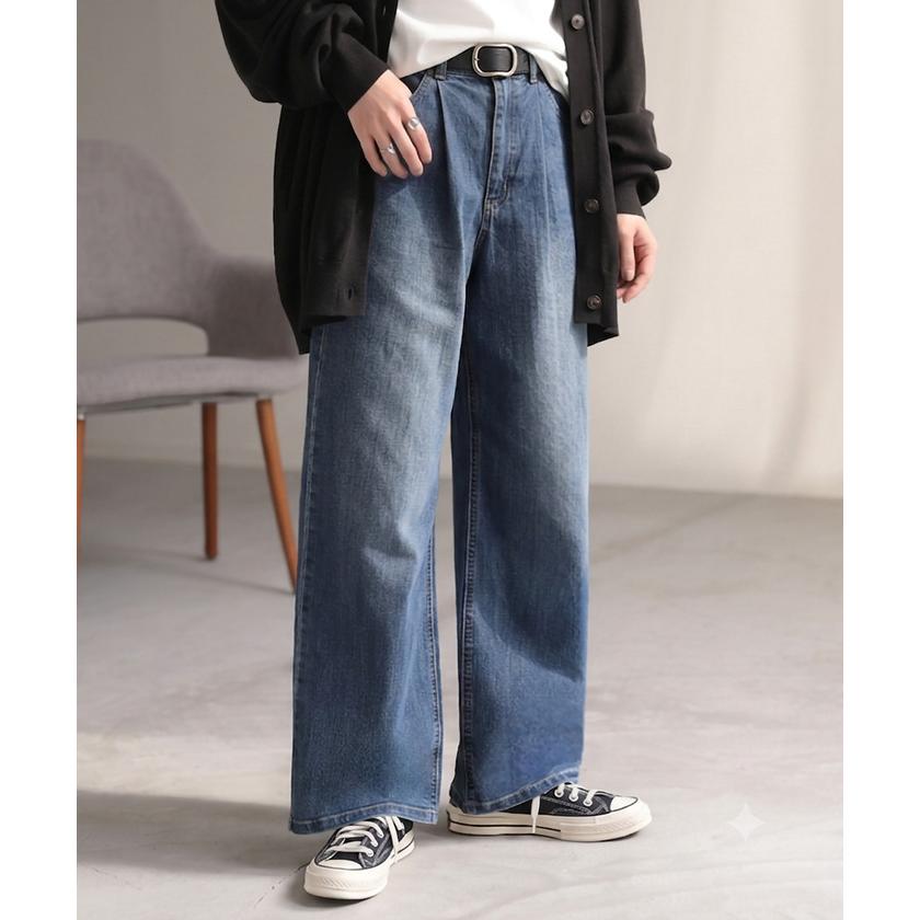 パンツ 新感覚デニム レディース ジーパン 選べる 2丈 タックパンツ ストレート ストレッチ ボトムス ボトム ズボン ロング 伸びる ウエストゴム ハイウエスト | HUG.U | 06