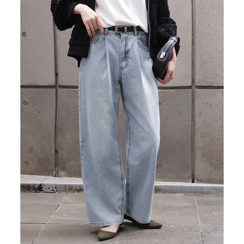 パンツ 新感覚デニム レディース ジーパン 選べる 2丈 タックパンツ ストレート ストレッチ ボトムス ボトム ズボン ロング 伸びる ウエストゴム ハイウエスト | HUG.U | 10