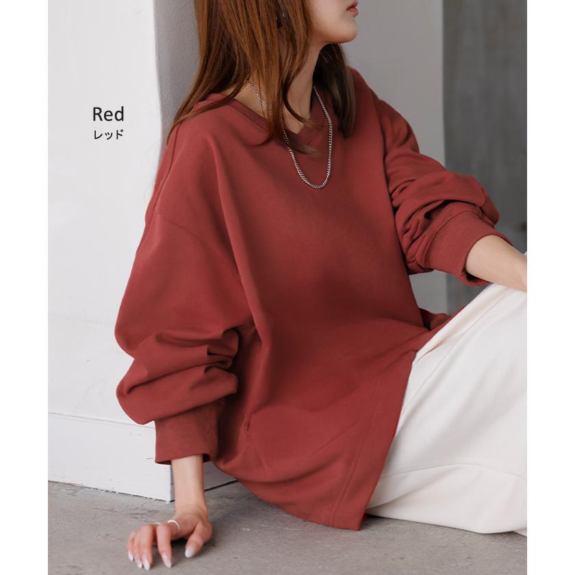 スウェット タック レディース トップス ロング トレーナー オーバー プルオーバー 無地 長袖 長い ドルマン Vネック ボリュームスリーブ リブ オーバーサイズ | HUG.U | 22