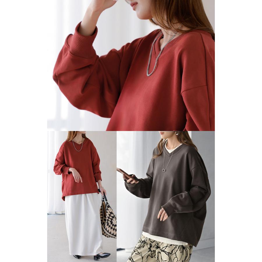 スウェット タック レディース トップス ロング トレーナー オーバー プルオーバー 無地 長袖 長い ドルマン Vネック ボリュームスリーブ リブ オーバーサイズ | HUG.U | 23