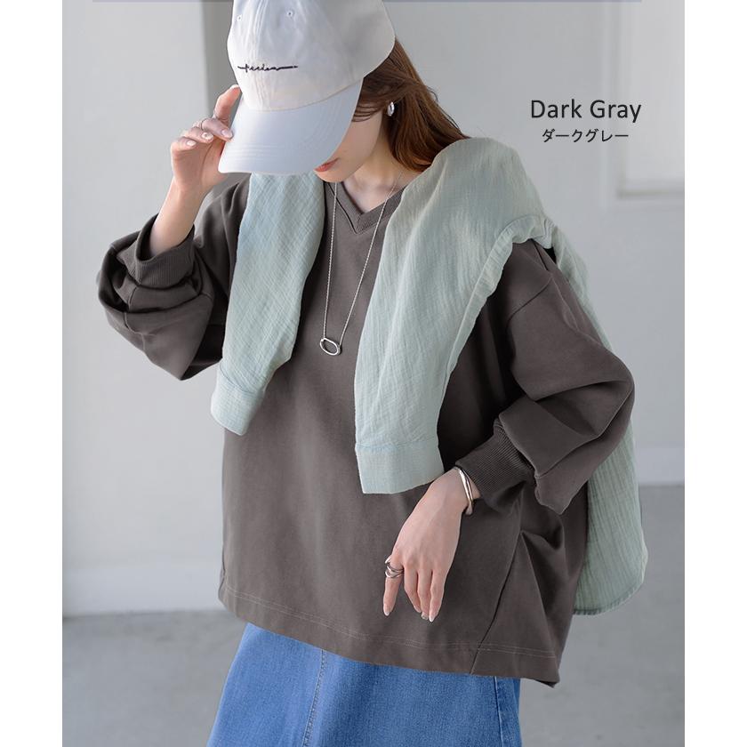 スウェット タック レディース トップス ロング トレーナー オーバー プルオーバー 無地 長袖 長い ドルマン Vネック ボリュームスリーブ リブ オーバーサイズ | HUG.U | 24