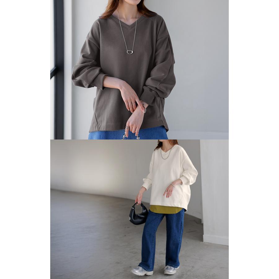 スウェット タック レディース トップス ロング トレーナー オーバー プルオーバー 無地 長袖 長い ドルマン Vネック ボリュームスリーブ リブ オーバーサイズ | HUG.U | 25
