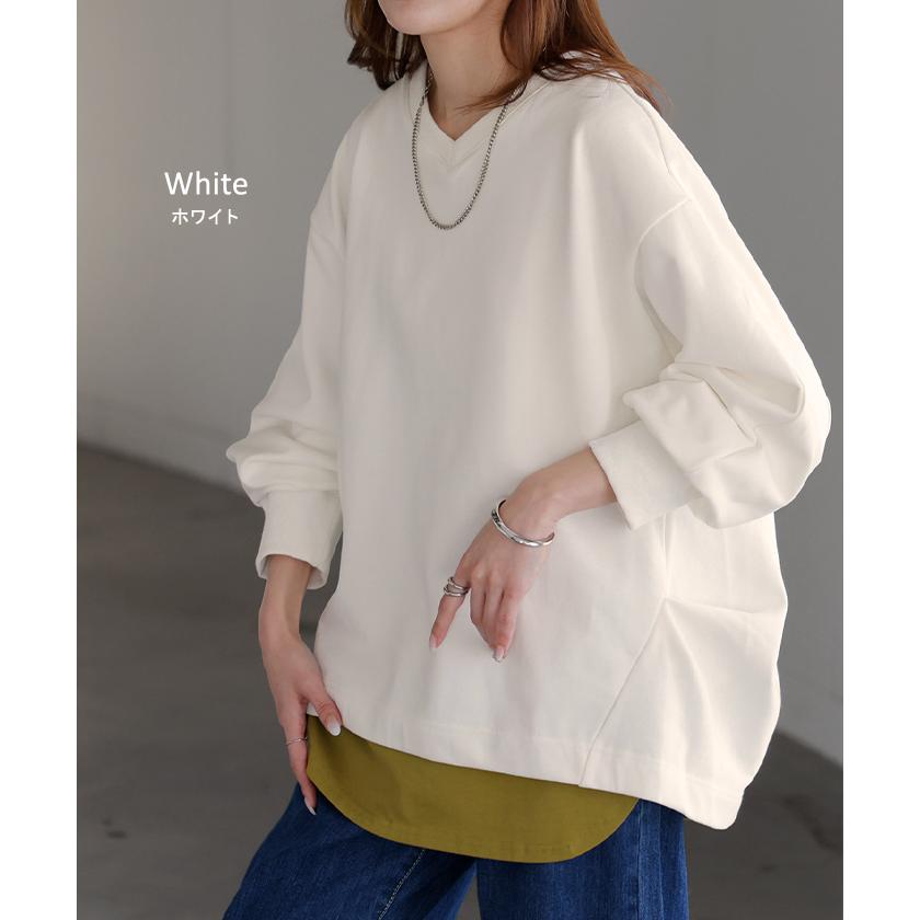 スウェット タック レディース トップス ロング トレーナー オーバー プルオーバー 無地 長袖 長い ドルマン Vネック ボリュームスリーブ リブ オーバーサイズ | HUG.U | 26