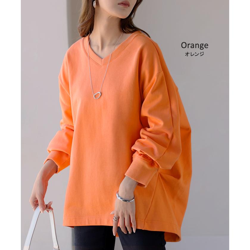 スウェット タック レディース トップス ロング トレーナー オーバー プルオーバー 無地 長袖 長い ドルマン Vネック ボリュームスリーブ リブ オーバーサイズ | HUG.U | 28