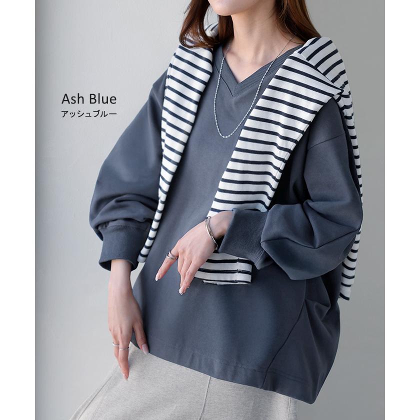 スウェット タック レディース トップス ロング トレーナー オーバー プルオーバー 無地 長袖 長い ドルマン Vネック ボリュームスリーブ リブ オーバーサイズ | HUG.U | 30