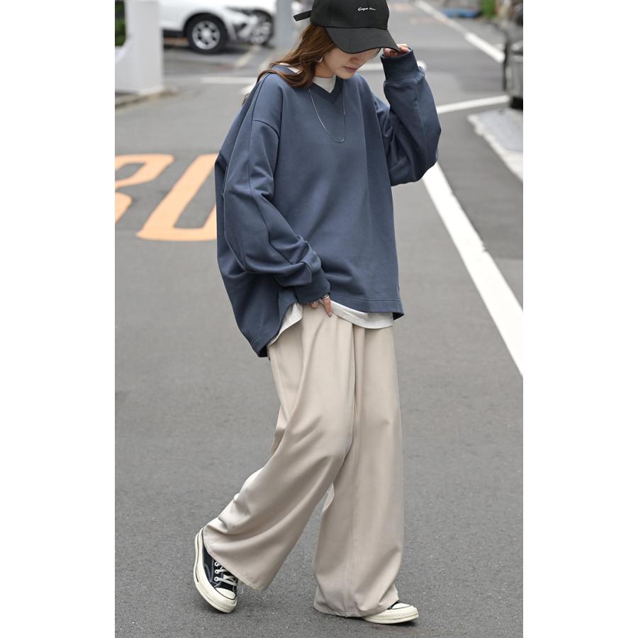 スウェット タック レディース トップス ロング トレーナー オーバー プルオーバー 無地 長袖 長い ドルマン Vネック ボリュームスリーブ リブ オーバーサイズ | HUG.U | 31