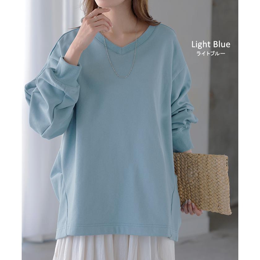 スウェット タック レディース トップス ロング トレーナー オーバー プルオーバー 無地 長袖 長い ドルマン Vネック ボリュームスリーブ リブ オーバーサイズ | HUG.U | 32