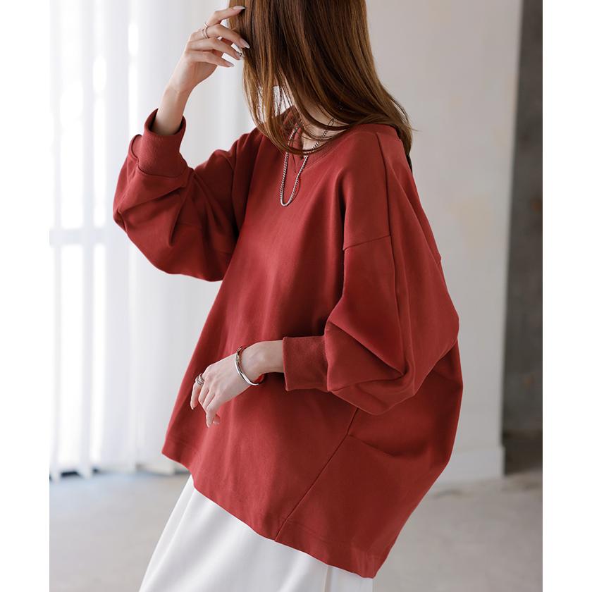 スウェット タック レディース トップス ロング トレーナー オーバー プルオーバー 無地 長袖 長い ドルマン Vネック ボリュームスリーブ リブ オーバーサイズ | HUG.U | 17