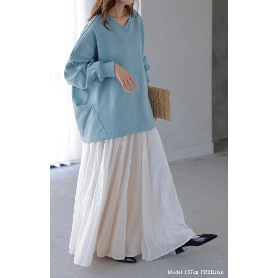 スウェット タック レディース トップス ロング トレーナー オーバー プルオーバー 無地 長袖 長い ドルマン Vネック ボリュームスリーブ リブ オーバーサイズ | HUG.U | 18