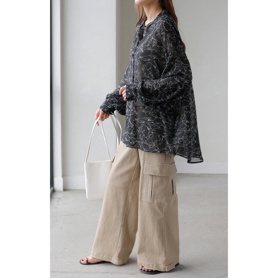 シャツ レディース ノーカラー シアー 総柄 トップス バンドカラー シワになりにくい ブラウス ロング | HUG.U | 12