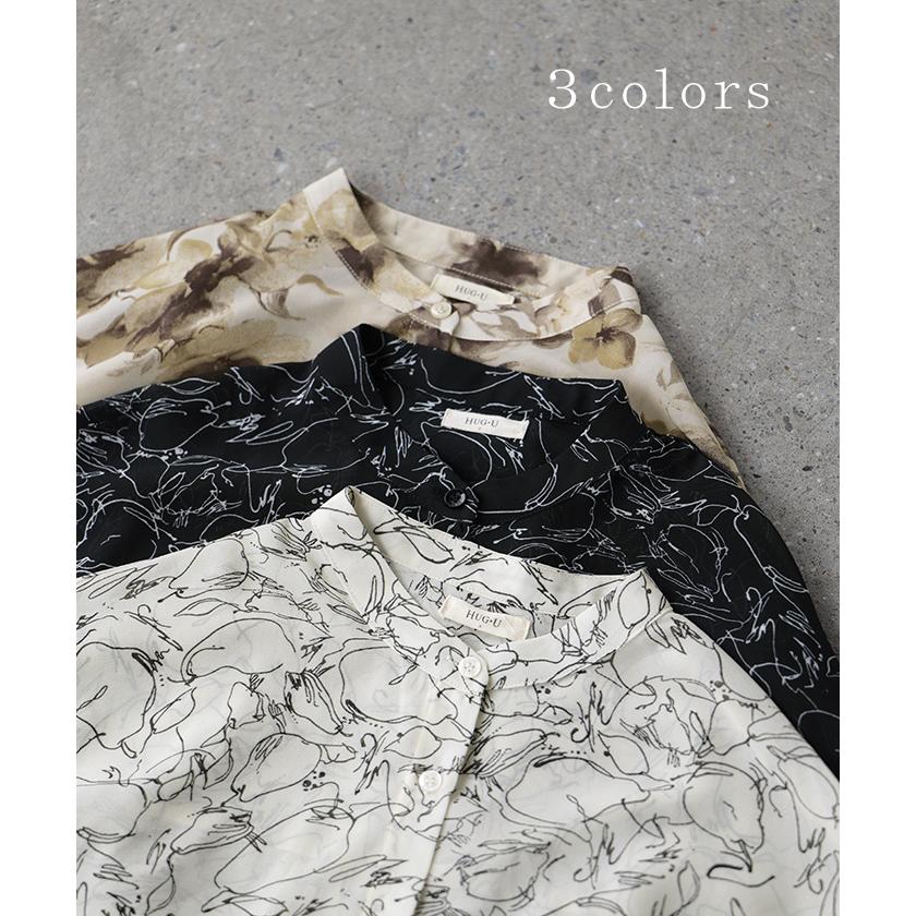 シャツ レディース ノーカラー シアー 総柄 トップス バンドカラー シワになりにくい ブラウス ロング | HUG.U | 14