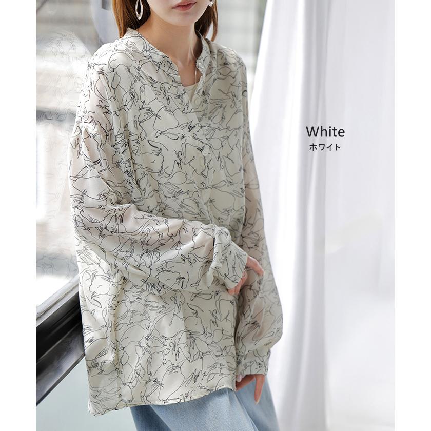 シャツ レディース ノーカラー シアー 総柄 トップス バンドカラー シワになりにくい ブラウス ロング | HUG.U | 15