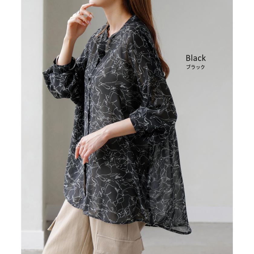 シャツ レディース ノーカラー シアー 総柄 トップス バンドカラー シワになりにくい ブラウス ロング | HUG.U | 16