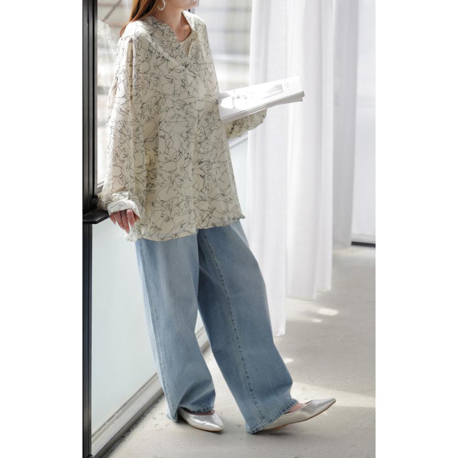 シャツ レディース ノーカラー シアー 総柄 トップス バンドカラー シワになりにくい ブラウス ロング | HUG.U | 18