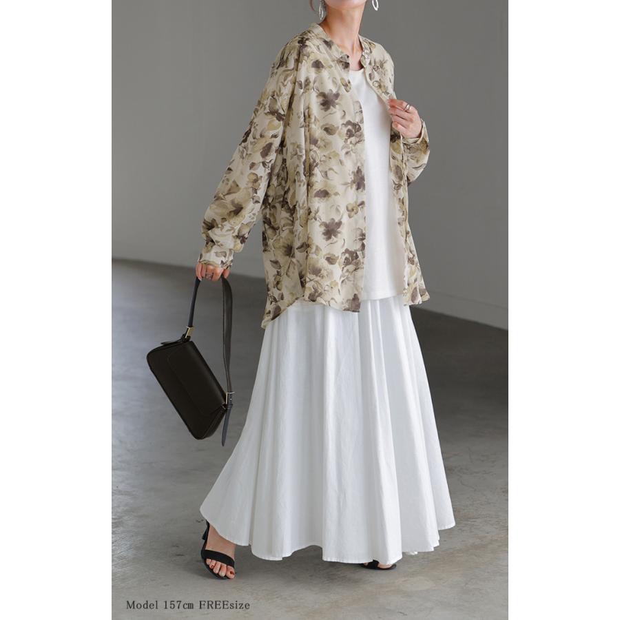 シャツ レディース ノーカラー シアー 総柄 トップス バンドカラー シワになりにくい ブラウス ロング | HUG.U | 21