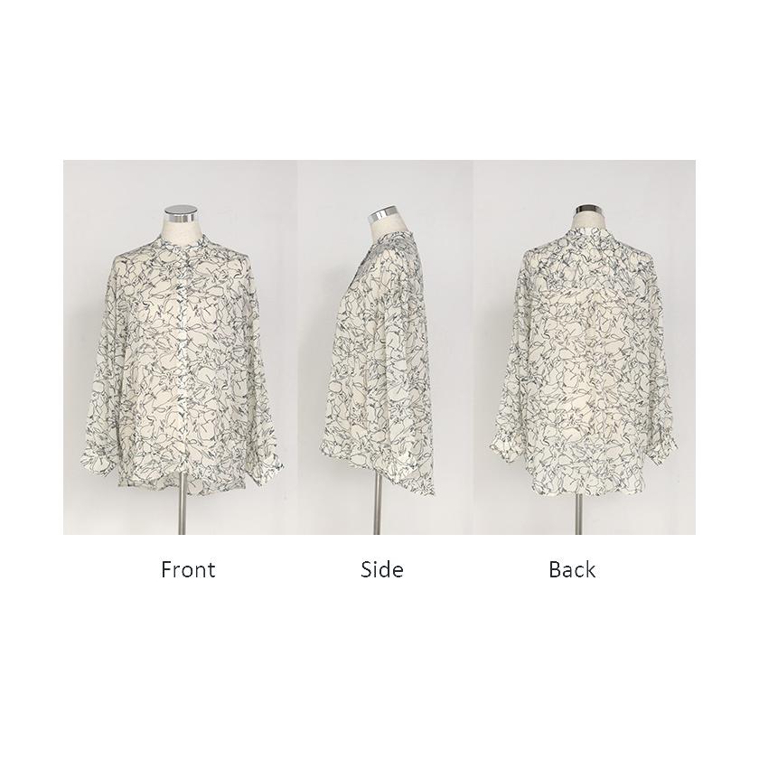 シャツ レディース ノーカラー シアー 総柄 トップス バンドカラー シワになりにくい ブラウス ロング | HUG.U | 22