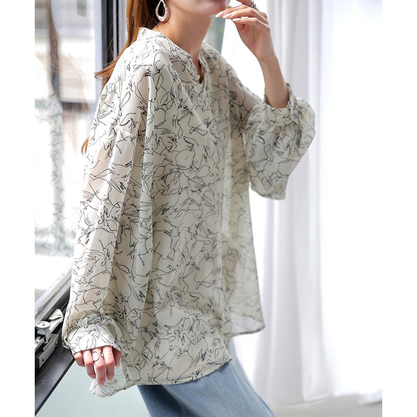 シャツ レディース ノーカラー シアー 総柄 トップス バンドカラー シワになりにくい ブラウス ロング | HUG.U | 07