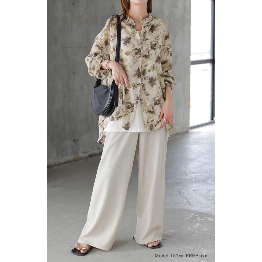 シャツ レディース ノーカラー シアー 総柄 トップス バンドカラー シワになりにくい ブラウス ロング | HUG.U | 08