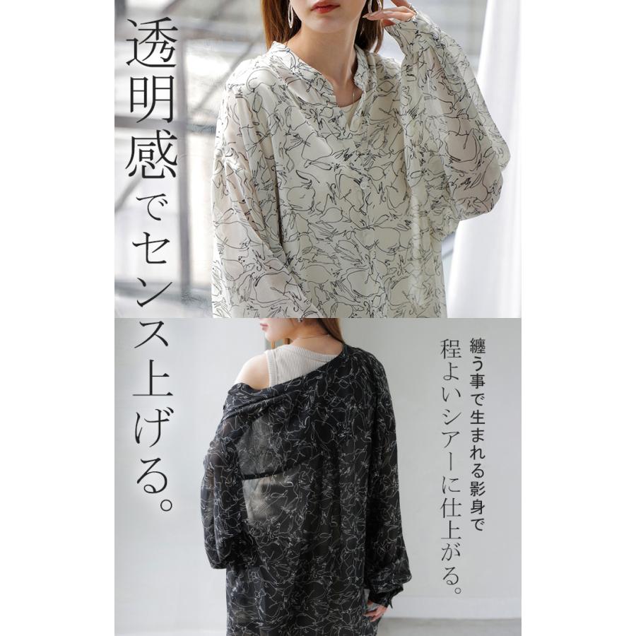 シャツ レディース ノーカラー シアー 総柄 トップス バンドカラー シワになりにくい ブラウス ロング | HUG.U | 09