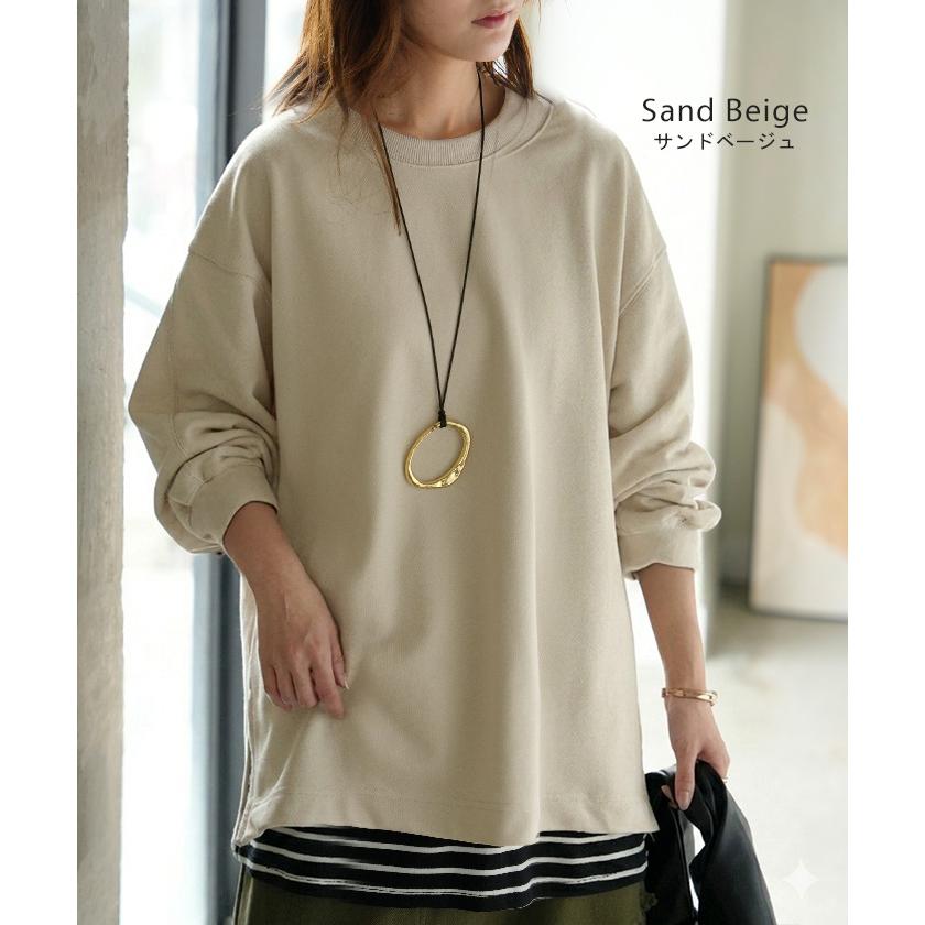 スウェット ファスナー スリット トップス ロング トレーナー プルオーバー ラグランスリーブ ドロップショルダー 切り替え 無地 長袖 長い リブ | HUG.U | 22