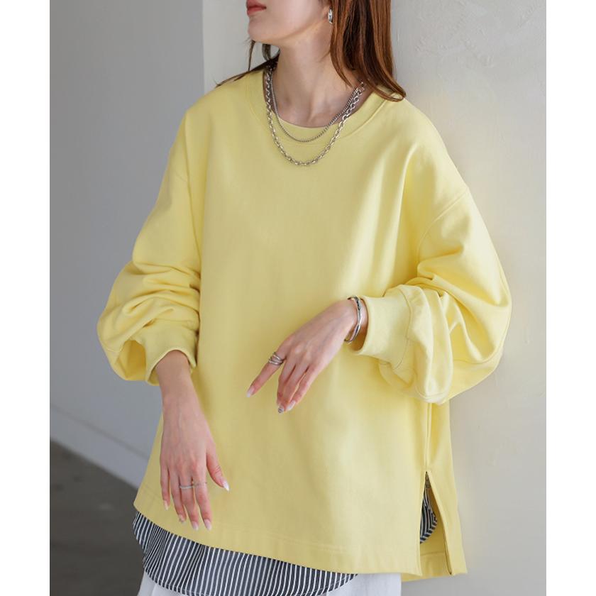 スウェット ファスナー スリット トップス ロング トレーナー プルオーバー ラグランスリーブ ドロップショルダー 切り替え 無地 長袖 長い リブ | HUG.U | 12