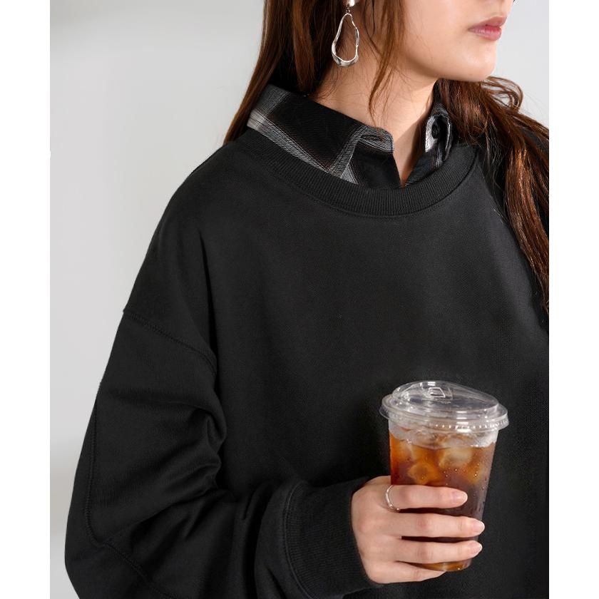 スウェット ファスナー スリット トップス ロング トレーナー プルオーバー ラグランスリーブ ドロップショルダー 切り替え 無地 長袖 長い リブ | HUG.U | 15