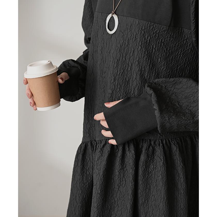 ワンピース 異素材 ジャガード スポンジニット ロング 長袖 ワンピ レディース ハイネック ロングワンピース 切り替え ドッキング Aライン | HUG.U | 12