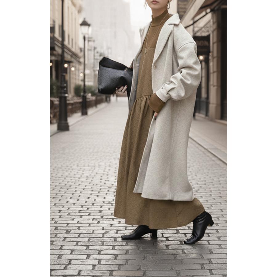 ワンピース 異素材 ジャガード スポンジニット ロング 長袖 ワンピ レディース ハイネック ロングワンピース 切り替え ドッキング Aライン | HUG.U | 13