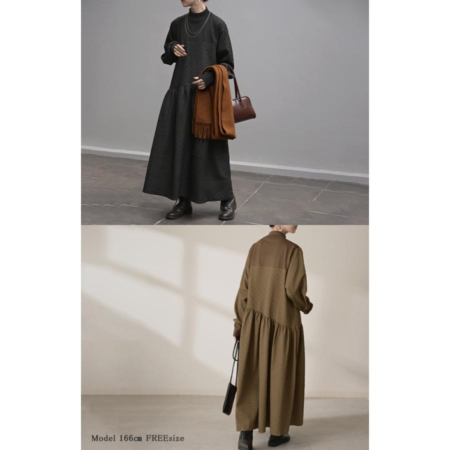 ワンピース 異素材 ジャガード スポンジニット ロング 長袖 ワンピ レディース ハイネック ロングワンピース 切り替え ドッキング Aライン | HUG.U | 19