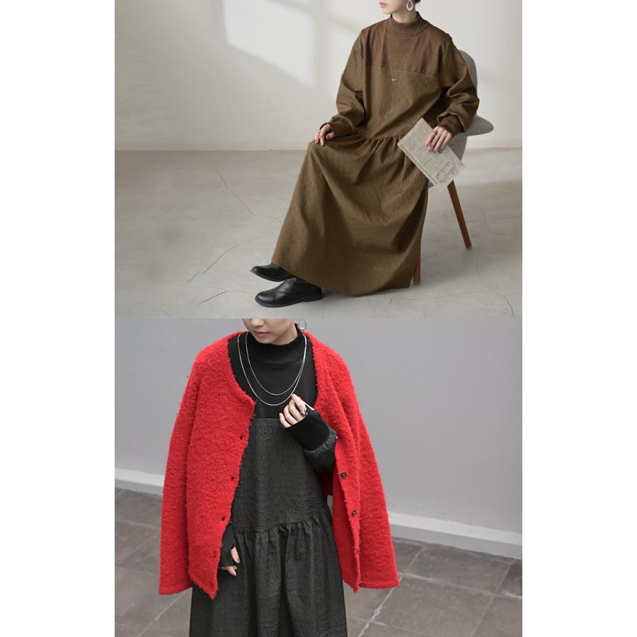 ワンピース 異素材 ジャガード スポンジニット ロング 長袖 ワンピ レディース ハイネック ロングワンピース 切り替え ドッキング Aライン | HUG.U | 05