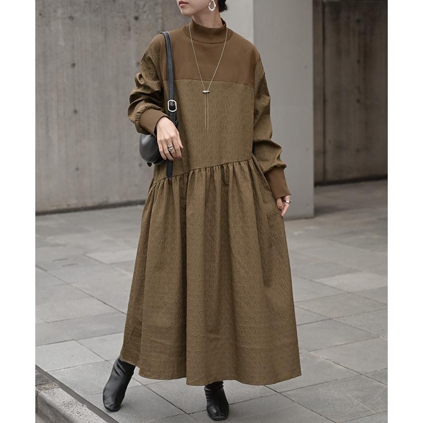 ワンピース 異素材 ジャガード スポンジニット ロング 長袖 ワンピ レディース ハイネック ロングワンピース 切り替え ドッキング Aライン | HUG.U | 06