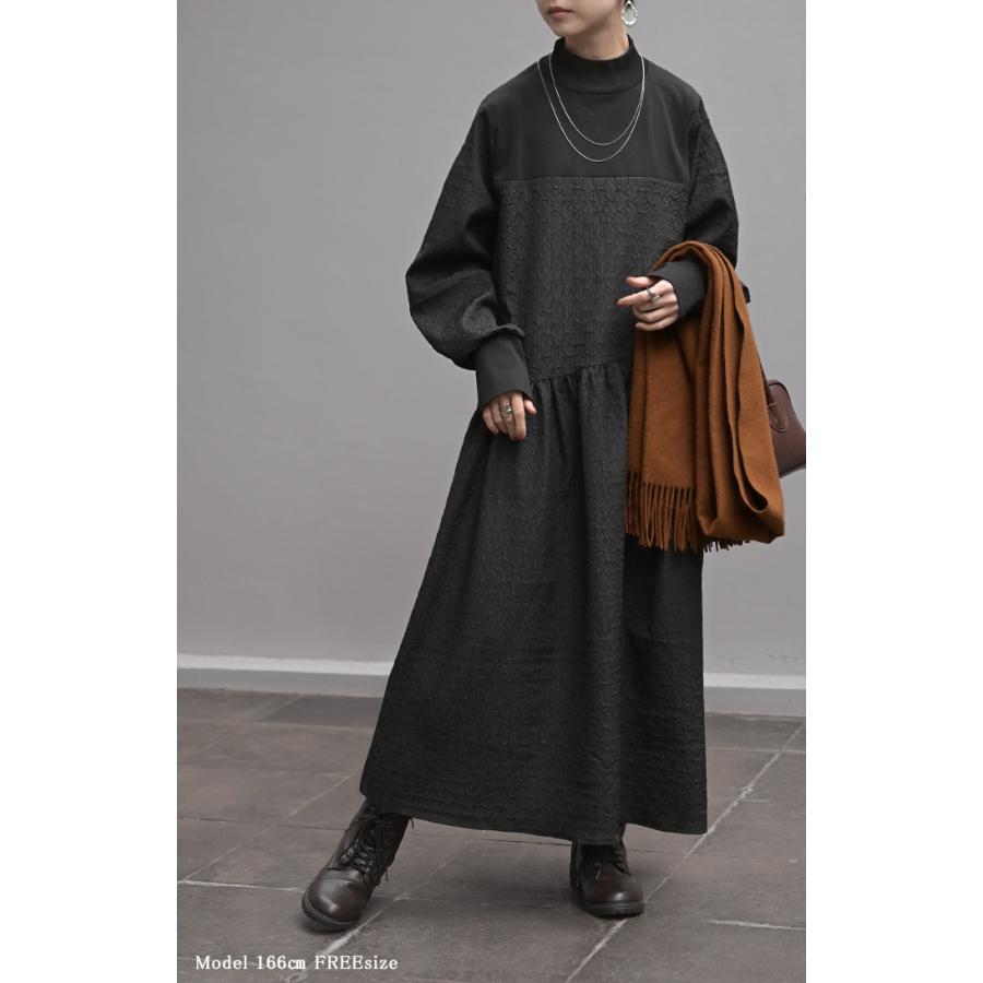 ワンピース 異素材 ジャガード スポンジニット ロング 長袖 ワンピ レディース ハイネック ロングワンピース 切り替え ドッキング Aライン | HUG.U | 08