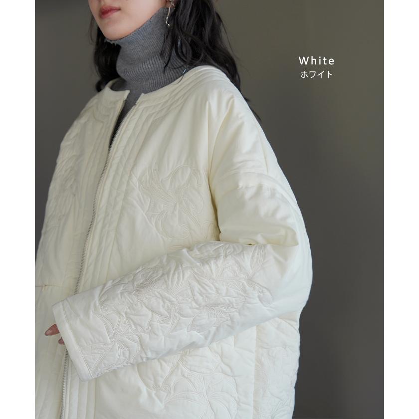 ジャケット キルティング 中綿 綿100 刺繍 アウター レディース パーカー ブルゾン オーバー コート 花柄 羽織 ノーカラー コットン ポケット オーバーサイズ | HUG.U | 12